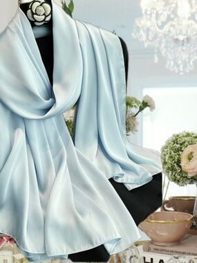 Light Blue 100% SILK SATIN Large Shawl Cover Up Evening Wrap Wedding Scarf Gift